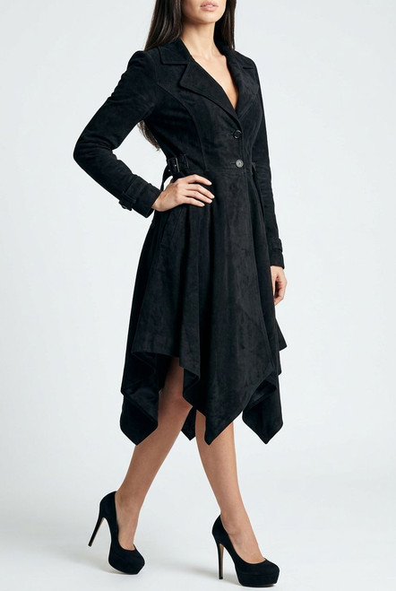 Side profile of gothic vintage coat highlighting structured sleeves and classic Victorian styling