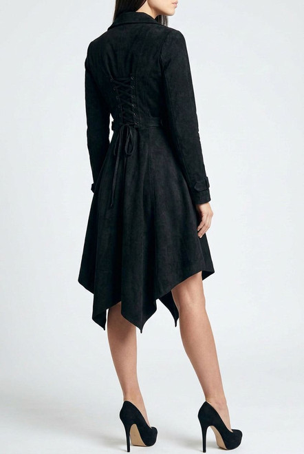 Back view of Victorian corduroy jacket showing tailored fit and long-line silhouette