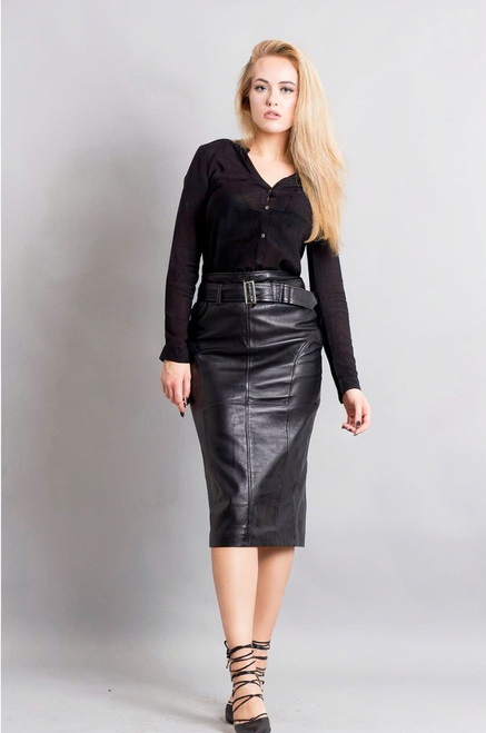 Black Leather High‑Waisted Pencil Skirt RAHET – Front view on mannequin