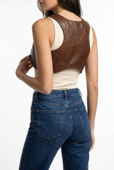 Back view of brown leather steampunk vest showing fitted sleeveless waistcoat style