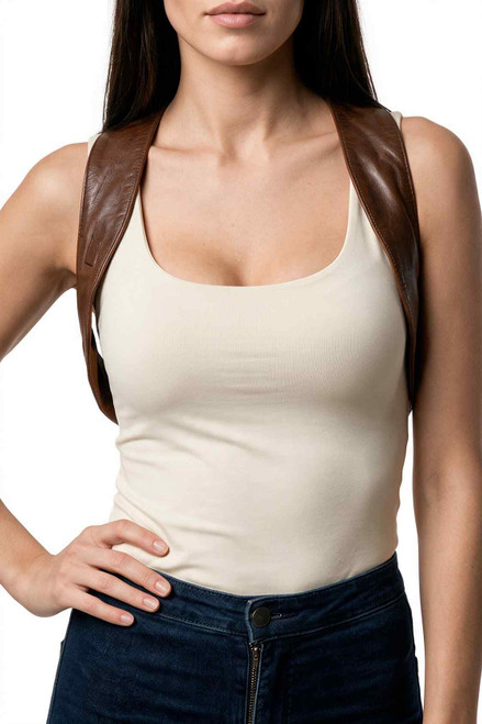 Front view of antique brown real leather waistcoat vest with sleeveless steampunk bolero design