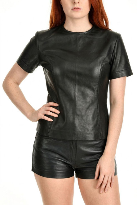 Front view of full grain leather T-shirt vest with sleek lightweight design and round neck