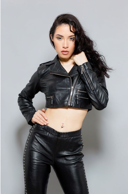 Ladies ZUNA black glazed leather high waisted cropped jacket - front view.