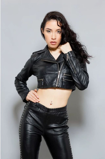 Ladies ZUNA black glazed leather high waisted cropped jacket - front view.