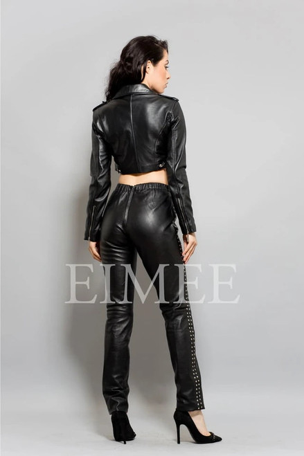 Slim-fit ZUNA leather short jacket with zip fastening - back view.