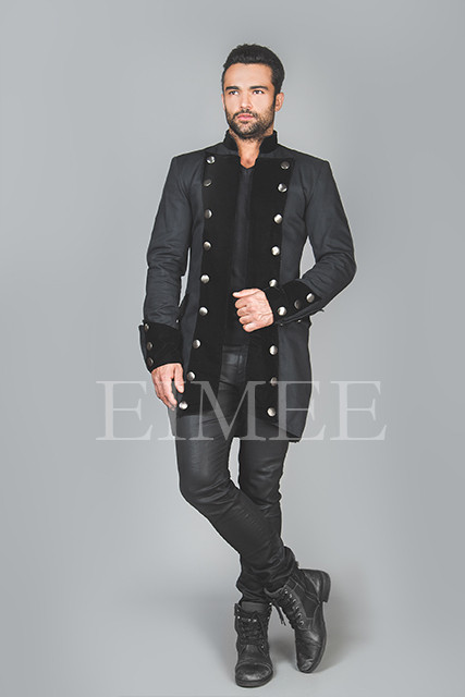 Front view of black cotton gothic steampunk vintage dress coat with fitted waist and decorative buttons