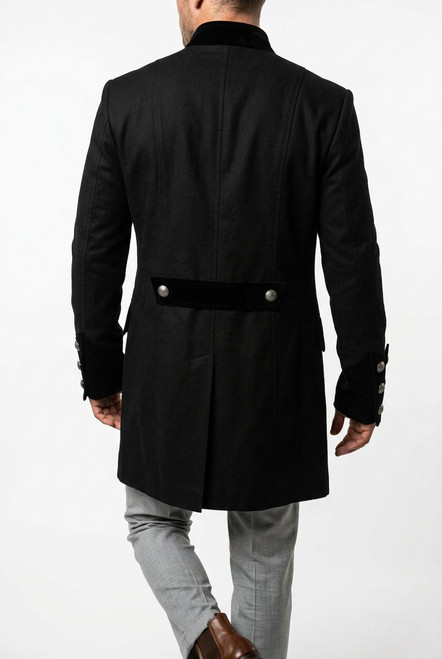 Back view of black pirate-style military coat showing long tails and fitted waistline