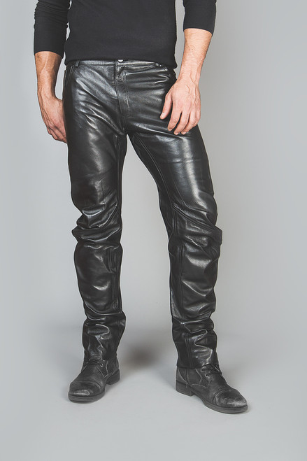 Front view of ROMAYO full grain leather men’s curved jeans trousers