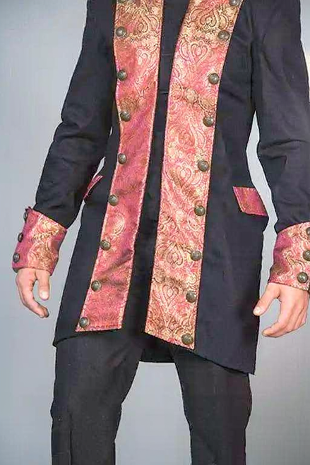 Full front view of the Maroon Brocade Cotton Steampunk Tailcoat HARINGTON