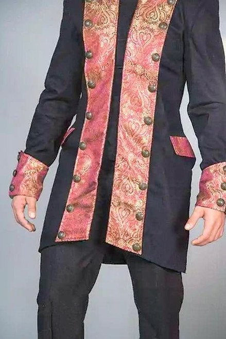 Full front view of the Maroon Brocade Cotton Steampunk Tailcoat HARINGTON
