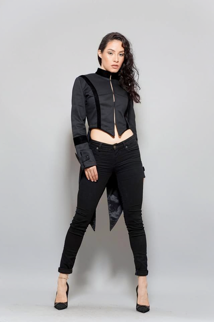 Full front view of Eimee's Black Victorian Ladies Tailcoat Formal Coat