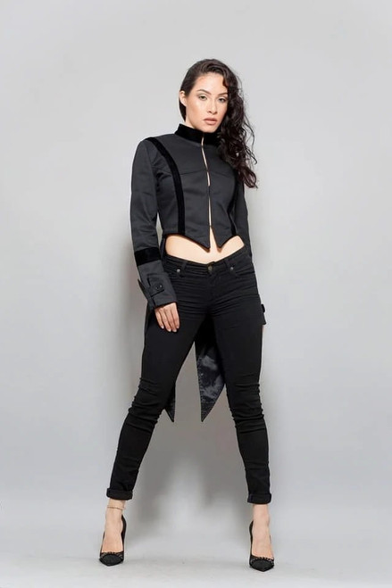 Full front view of Eimee's Black Victorian Ladies Tailcoat Formal Coat