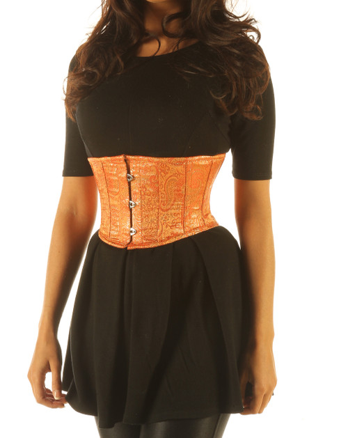 peach brocade underbust satin corset front view on white background