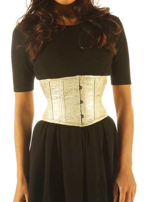 White silk underbust corset with full steel boning - front view.