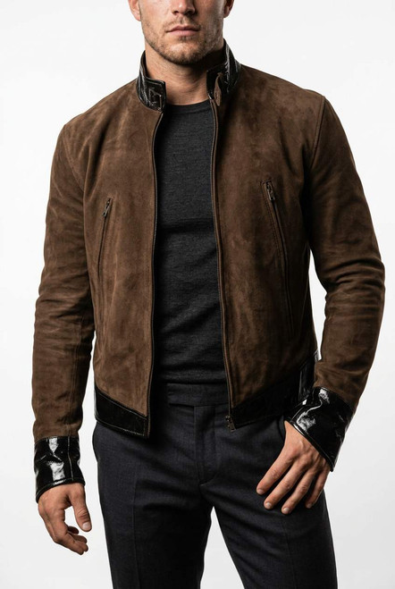Front view of a tan/brown suede leather jacket with glazed hem and button closure