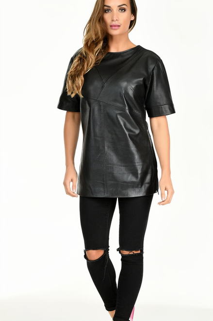 Women's Leather T-Shirt Perforated - front