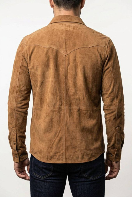 Back view of tan suede western shirt jacket showing classic yoke design and soft suede finish — timeless Western‑wear inspired look.