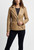 Front view of ladies tan leather jacket with belted waist and fitted silhouette