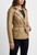 Side profile of ladies belted leather jacket highlighting tailored fit and classic design