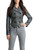 Front view of ladies black Victorian flock tailcoat steampunk jacket with fitted waist and decorative buttons