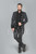 Front view of black cotton gothic steampunk vintage dress coat with fitted waist and decorative buttons