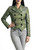 Front view of ladies green Victorian tailcoat jacket with steampunk detailing and fitted waist