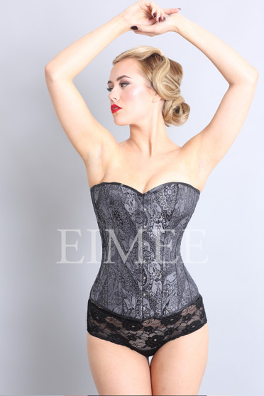 Black brocade corset with steel bones ANOUSHKA front view