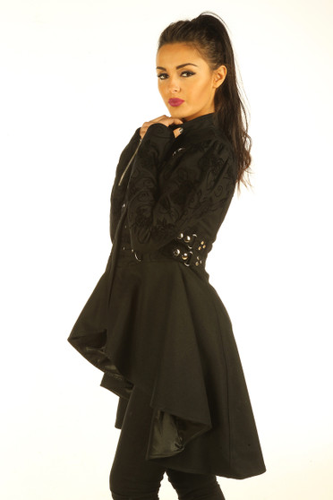 Black Cotton Steampunk Jacket – Side view on model to show fit and drape