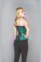 Back lacing detail on green satin corset LEELIA
