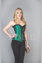 Overbust frilly green satin steel boned corset LEELIA front view