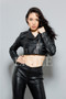 Ladies ZUNA black glazed leather high waisted cropped jacket - front view.