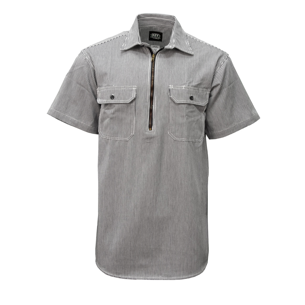 cache barrel Vague KEY Hickory Stripe Short Sleeve Zip Logger Shirt - Men's
