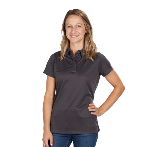 Athletic fit women's polo with stitched sides for comfort. Lightweight polyester fabric to keep you cool and dry. Features a three-button placket, sunglass loop and heat transfer tag.