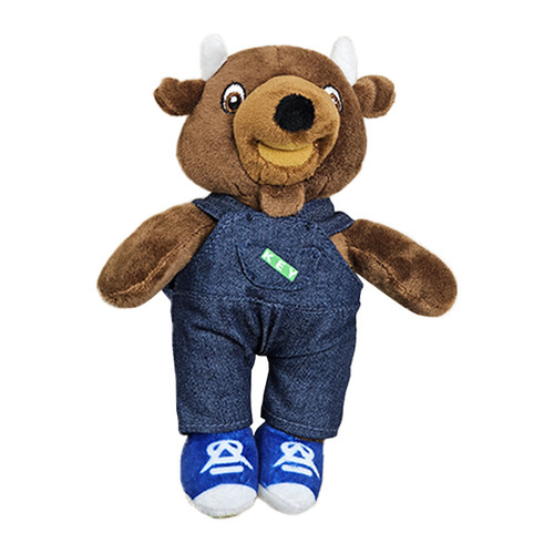 Buffalo stuffed animal, Ike the Bison from Kansas State Fair, in KEY bib overalls. Collectible item, Series 1 from KEY Apparel.