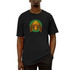 Front of a black short sleeve tee with green, brown, and yellow goat design on the front.