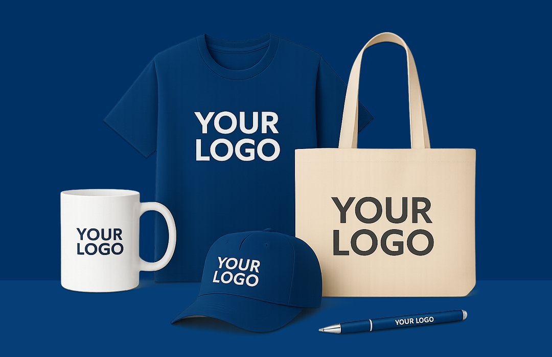 Branded T-shirt, tote bag, mug, cap and pen showing logo placements