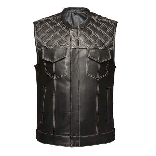 HiandのStitched Vest ZeeMen's ANC–07 Aniline Leather Club Vest - White-Threaded