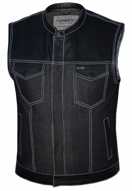 Men's Denim & Leather Club Vest with Blue Stitching - Papa's
