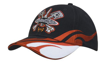 Baseballkappe, Flammenstickerei auf Schirm und seitlich, 100% schweregebürstete Baumwolle