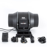 Gambit Growing Gale Force 6-inch inline smart fan complete kit showing the inline fan, digital smart controller, smart plug, mounting bracket, and included control cables on a white background.