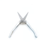 Top-down view of Gambit Growing pruning shears in the open position, displaying the symmetrical stainless steel blades, spring-loaded action, and balanced aluminum handles for precise garden and grow room use.