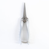 Front-facing view of Gambit Growing pruning shears with blades closed, showing stainless steel precision blades, a spring-loaded return mechanism, and lightweight ergonomic aluminum handles designed for controlled plant trimming.