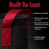 close up of 3 gallon fabric grow pot showing reinforced nylon handle thick brim double stitching and black rust resistant eyelets