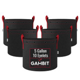 Five pack of 5 gallon fabric grow pots with built-in eyelets and reinforced handles designed for full-size plants and long growth cycles