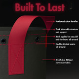 High-quality black fabric pot with red stitching showcasing features like 400GSM material, reinforced handles, and long-lasting durability for indoor growers.