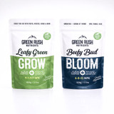 Green Rush Leafy Green Grow and Beefy Bud Bloom organic powdered nutrients in 500g bags, providing complete grow and bloom stage plant nutrition included with the Gambit Growing 4x2 complete grow kit