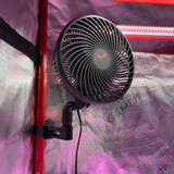 Gambit Growing oscillating clip fan mounted to a tent pole inside a 3x3 Bud Bunker grow tent, providing internal airflow and canopy circulation