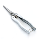 Gambit Growing stainless steel precision pruning shears shown closed on a white background, featuring micro-tip blades, spring-loaded handle, and slim design for accurate plant trimming