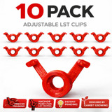 Ten pack of Gambit Growing adjustable low stress training clips in red, shown with close-up detail highlighting circular anchor point and angled arms for precise plant branch positioning