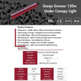 Gambit Growing GG 150W under canopy LED light product features and specifications including full spectrum output, IP65 rating, daisy chain support, and electrical details